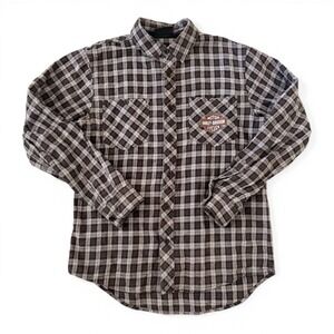 Y2K Harley-Davidson Men's Plaid Flannel Shirt Grey Black Biker Button Up Medium